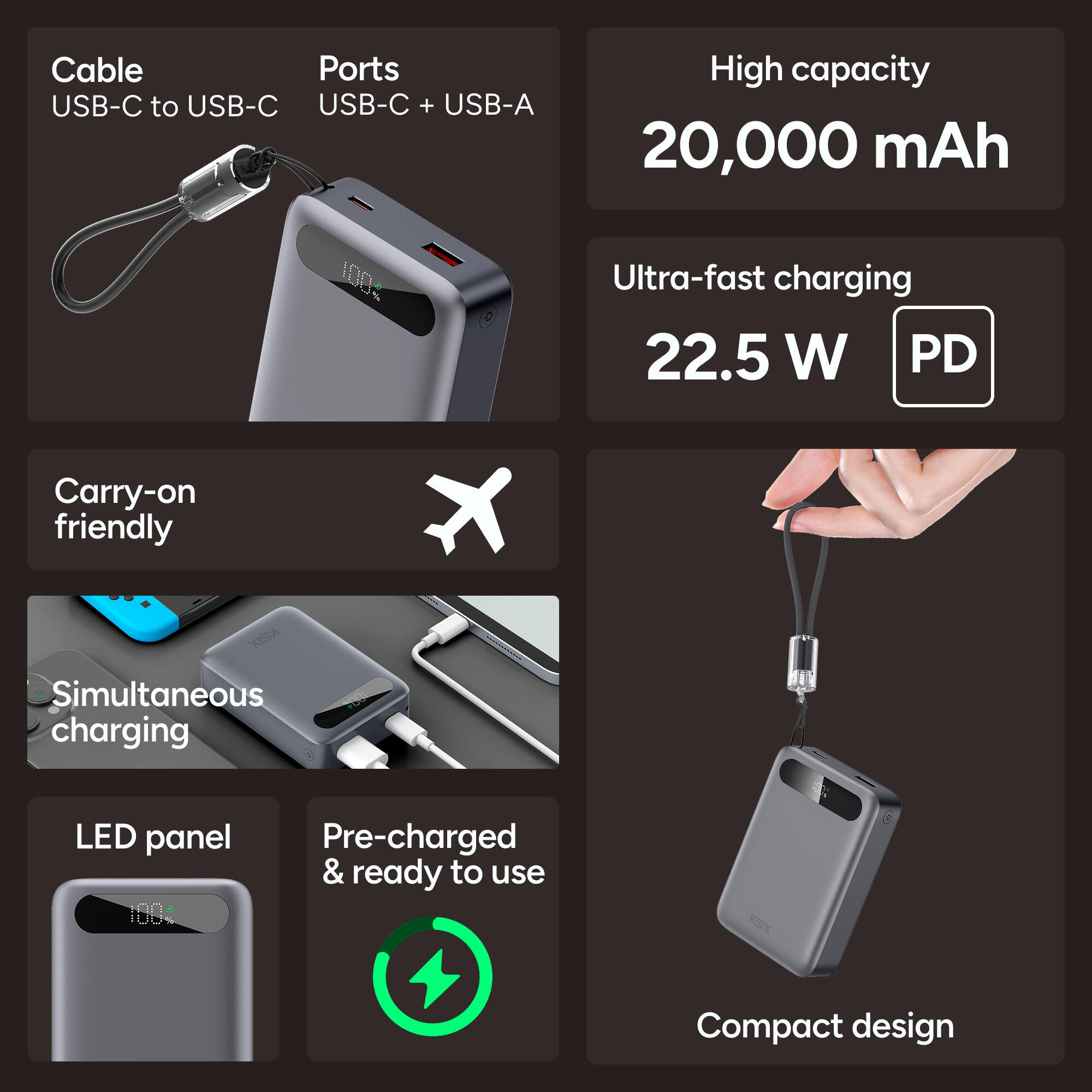 Batterie externe KSIX 20 000 mAh PD 22,5 W 2/7