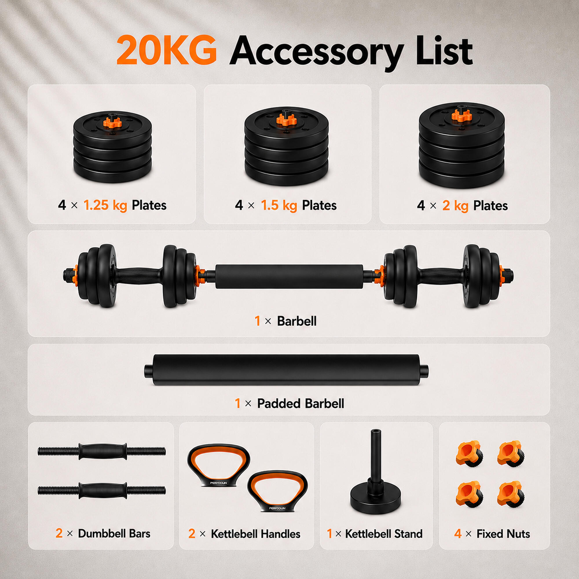 V2 20 kg FED Gewichtset: Halters + Barbell + Kettlebell 3/8