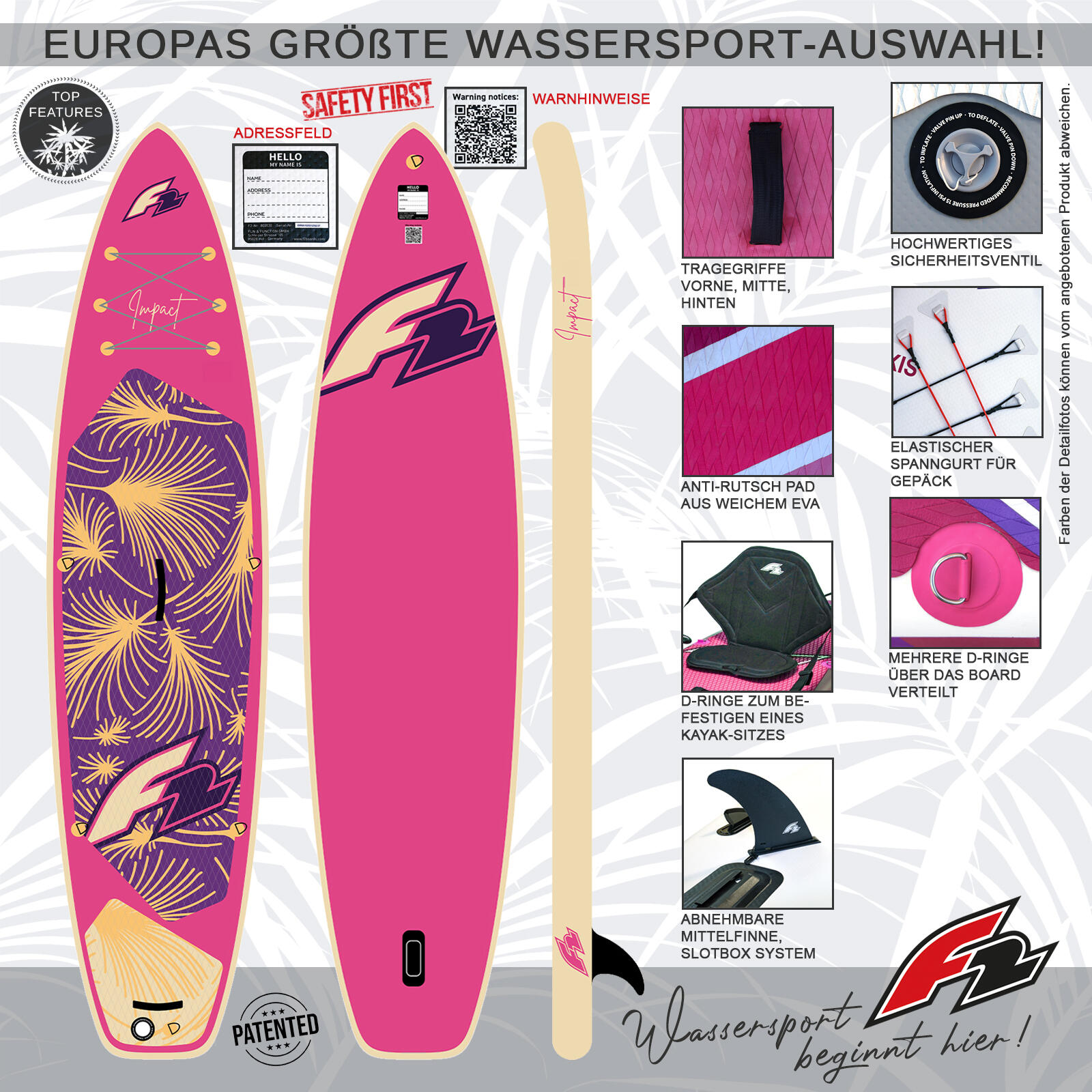 F2 Damen SUP Stand Up Paddle Board Impact 320cm 10,5  Pink 2/6