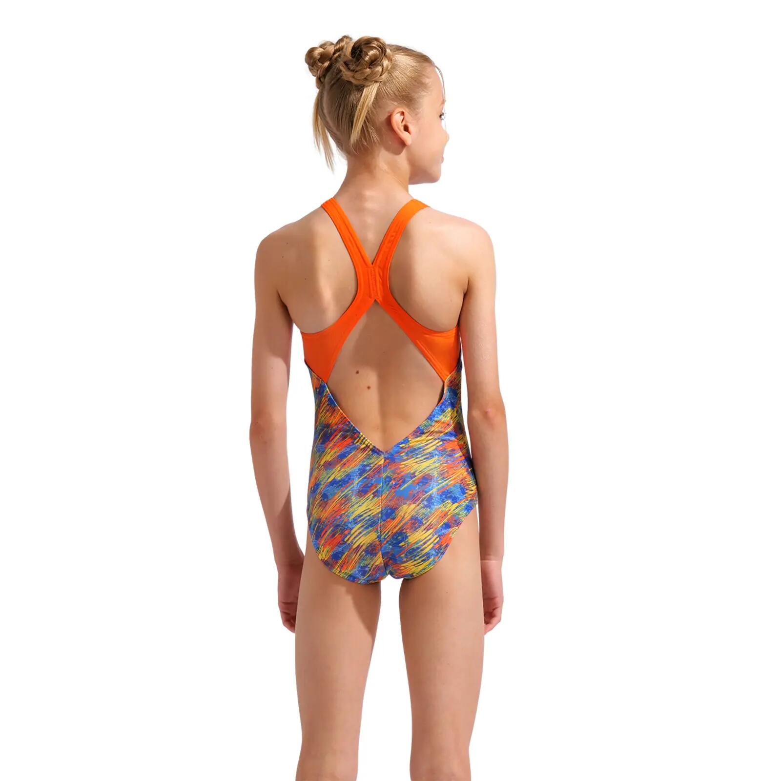 Arena Traje de baño Draft con espalda en V para niñas - Azul neón / Naranja del 2/5