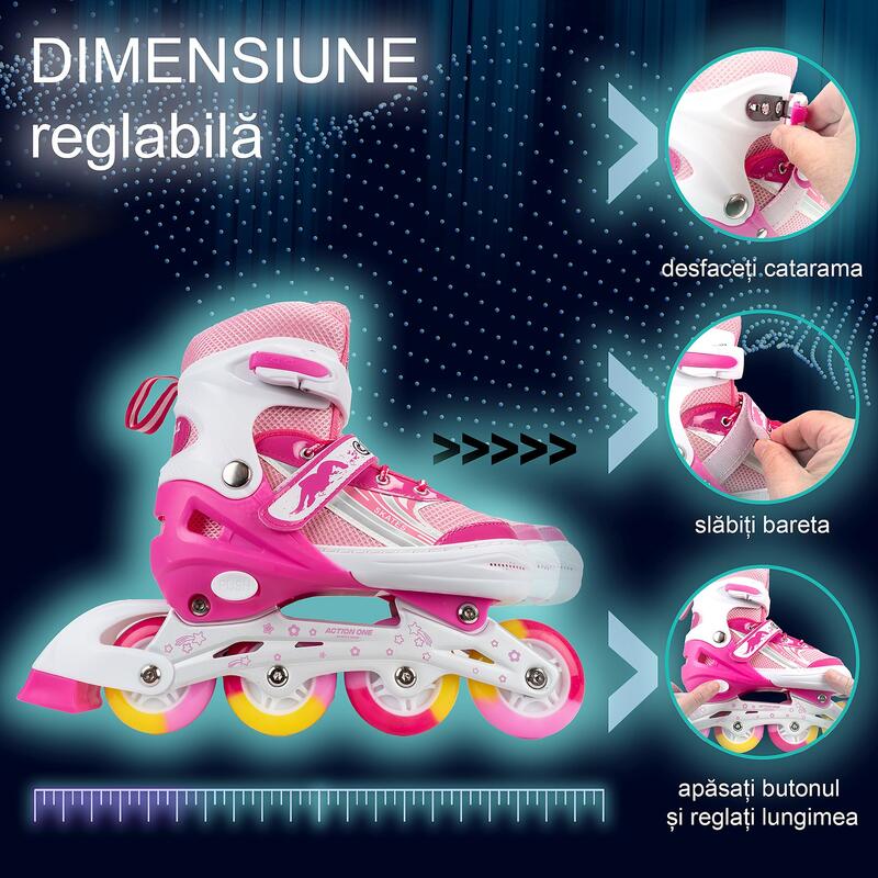 Role reglabile Pinky, roti luminoase silicon, sina aluminiu, M (35-38), roz