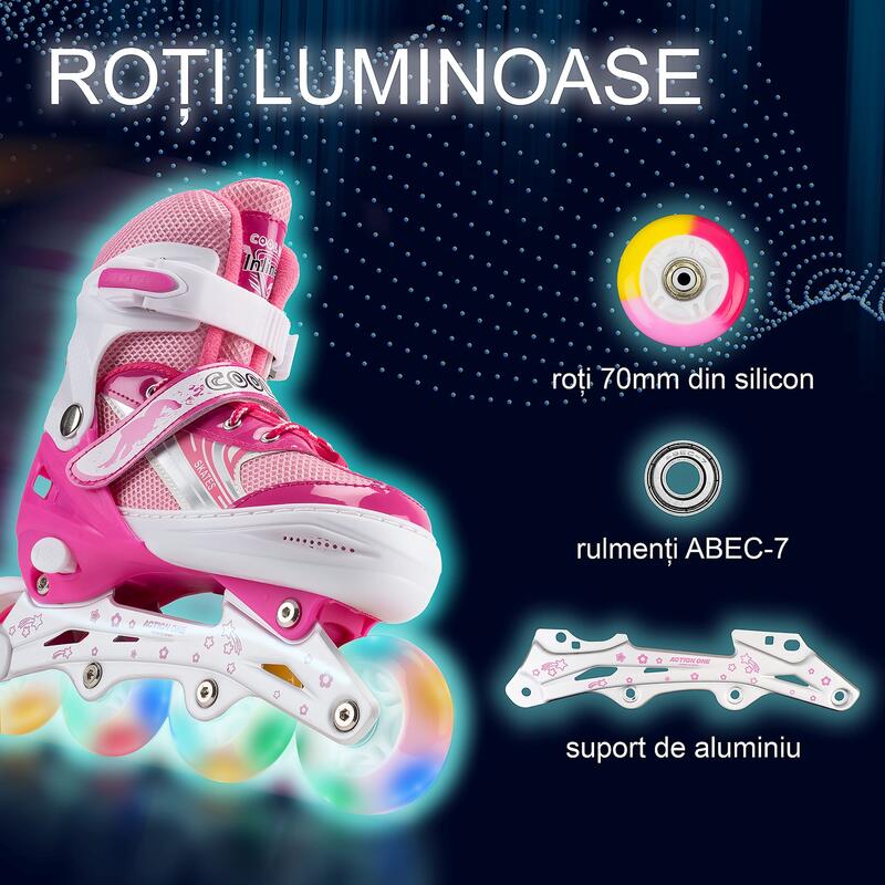 Role reglabile Pinky, roti luminoase silicon, sina aluminiu, M (35-38), roz