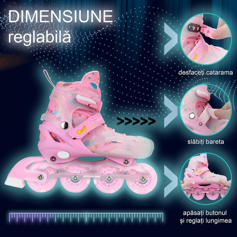 Role reglabile Pink Unicorn, roti luminoase silicon, sina aluminiu,M(33-37), roz