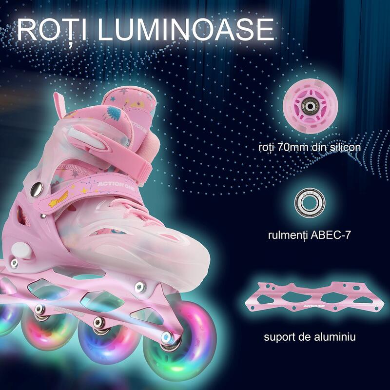 Role reglabile Pink Unicorn, roti luminoase silicon, sina aluminiu,M(33-37), roz