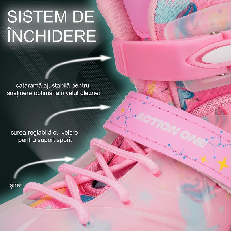Role reglabile Pink Unicorn, roti luminoase silicon, sina aluminiu,M(33-37), roz