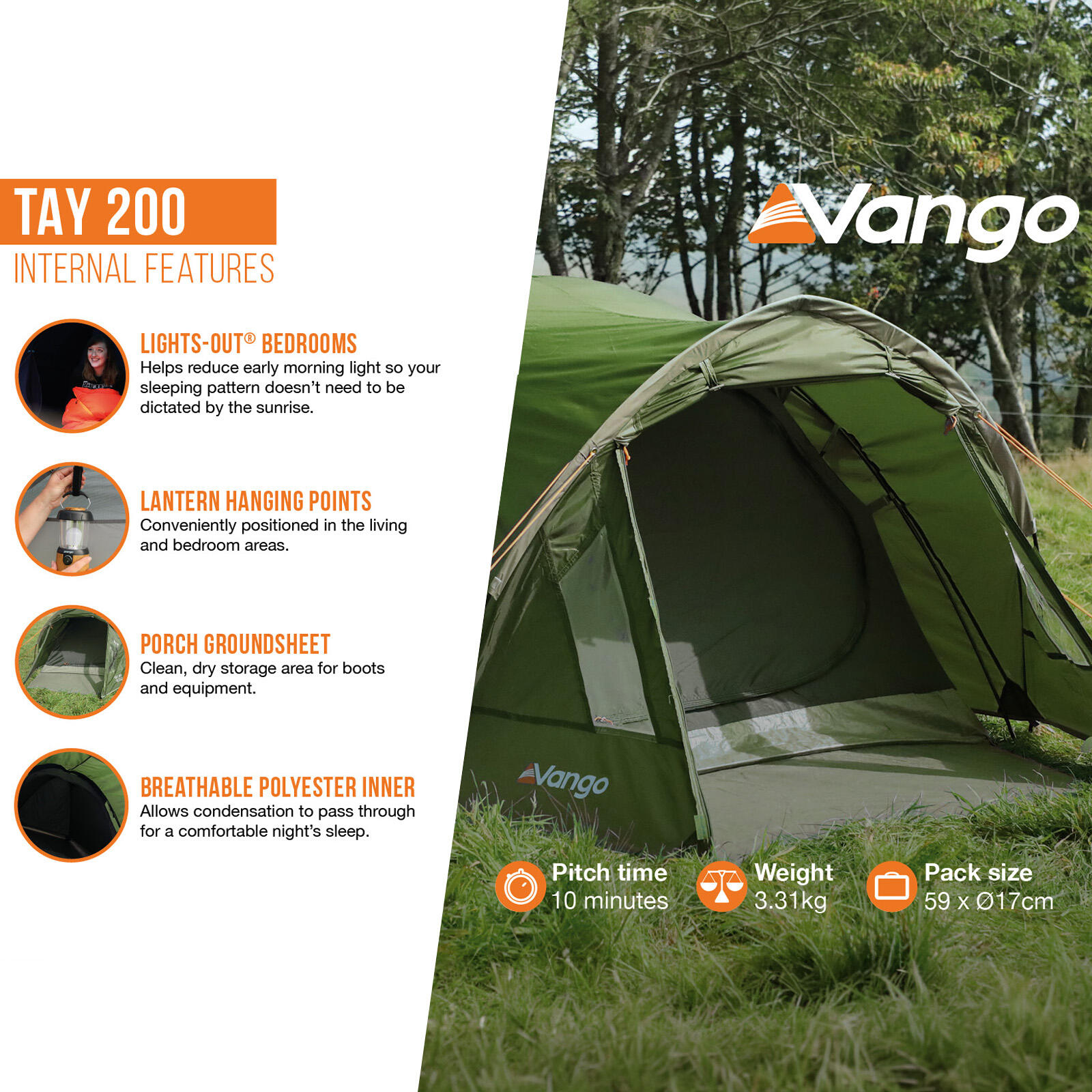 Tienda de campaña tipo domo Tay 200 camping 2 personas bicicleta vestíbulo 3 kg 6/7