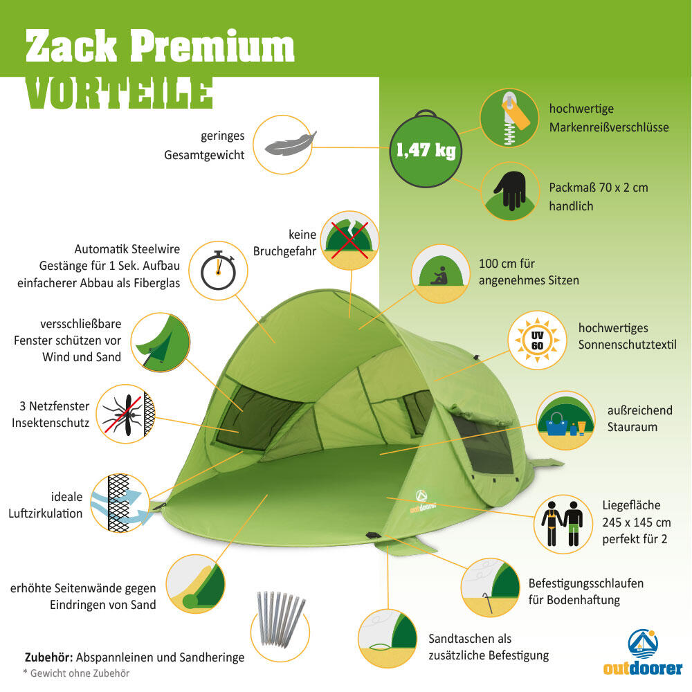 Pop Up Strandmuschel Zack Premium - Strandzelt, 3 Fenster,
Sandheringe, UV 80 3/7