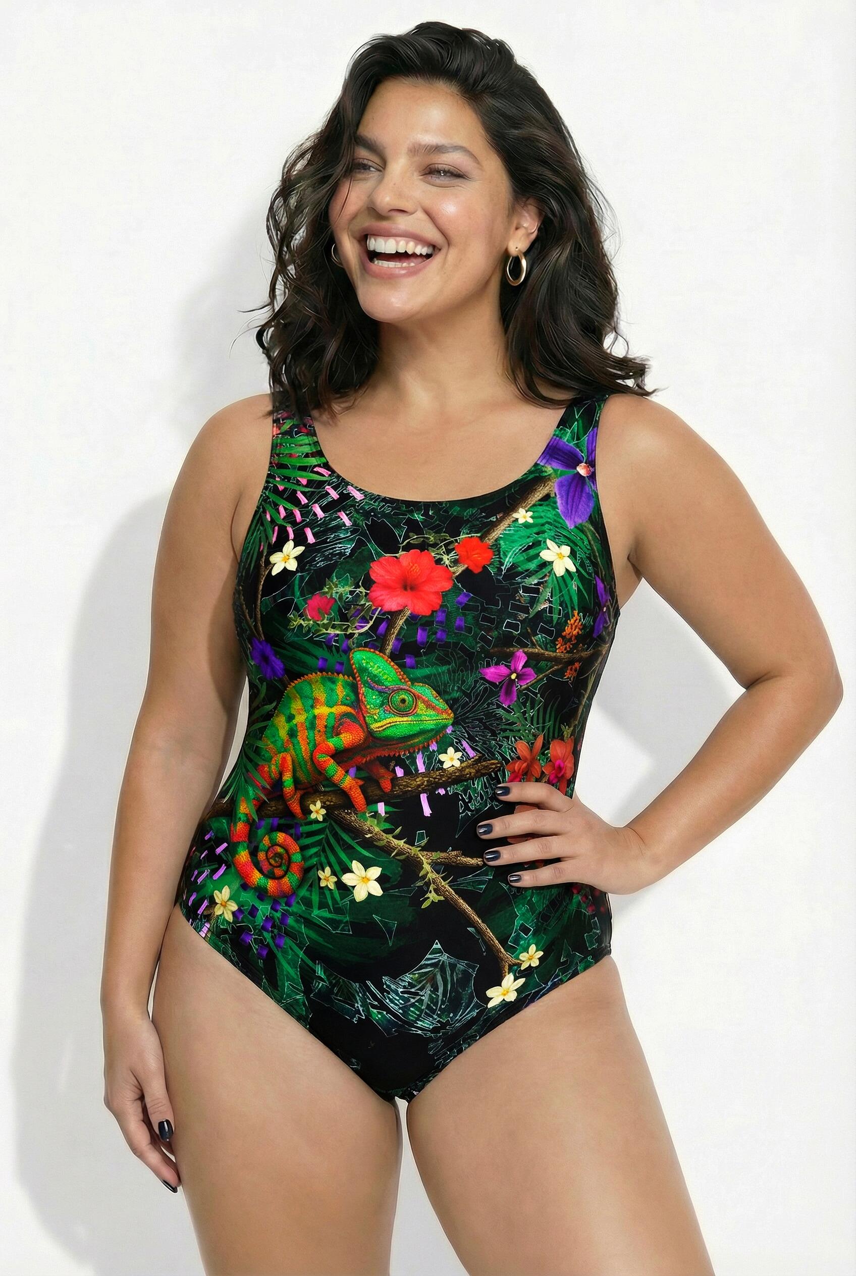 Femme Maillot de bain sans bonnets souples motif caméléon décolleté rond 6/7