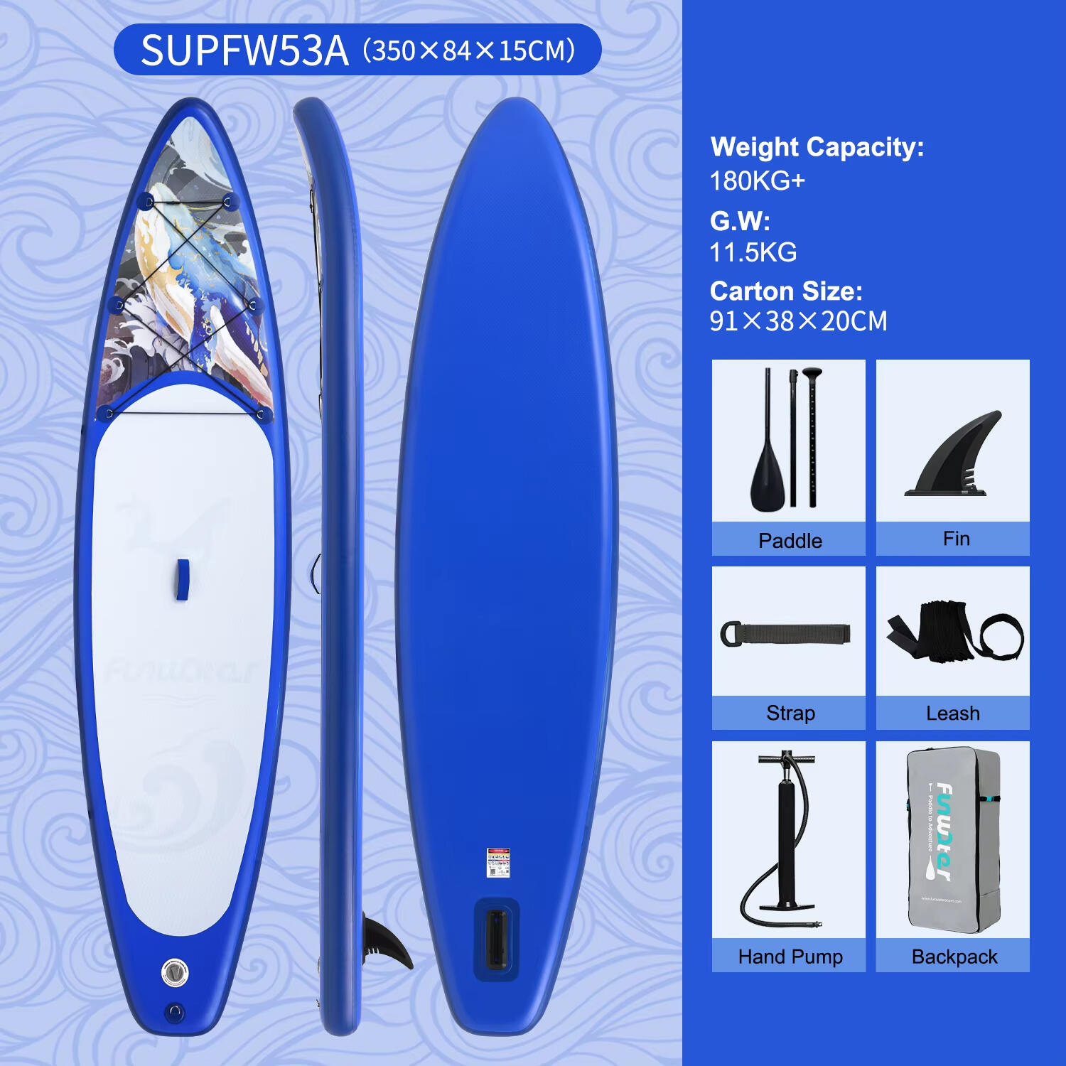 SUP Board Wide Stable Max 180kg 350x83x15cm SUPFW53A 4/7