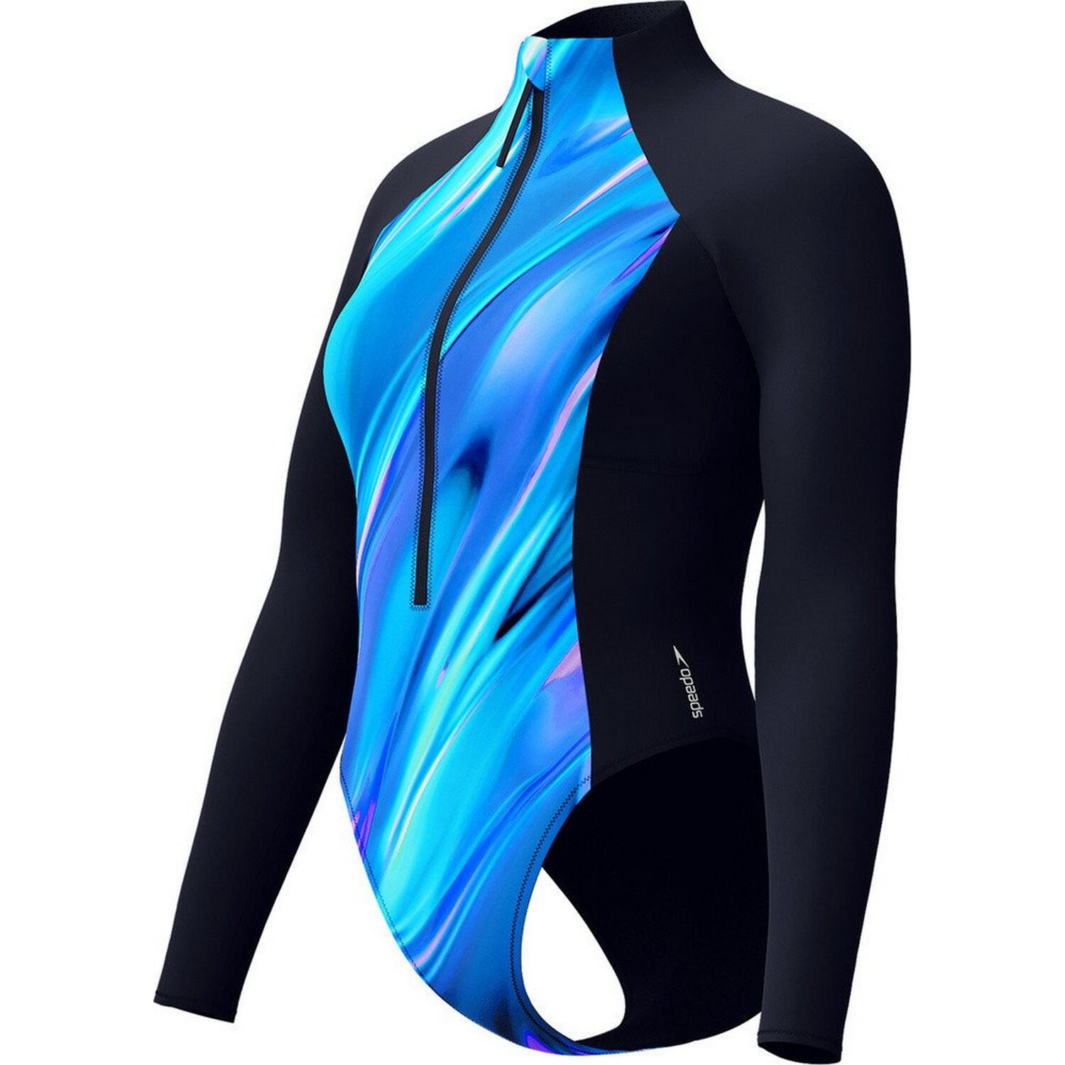 Maillot De Bain 1 Pièce Manches Longues Femme (Bleu / Noir) 3/4