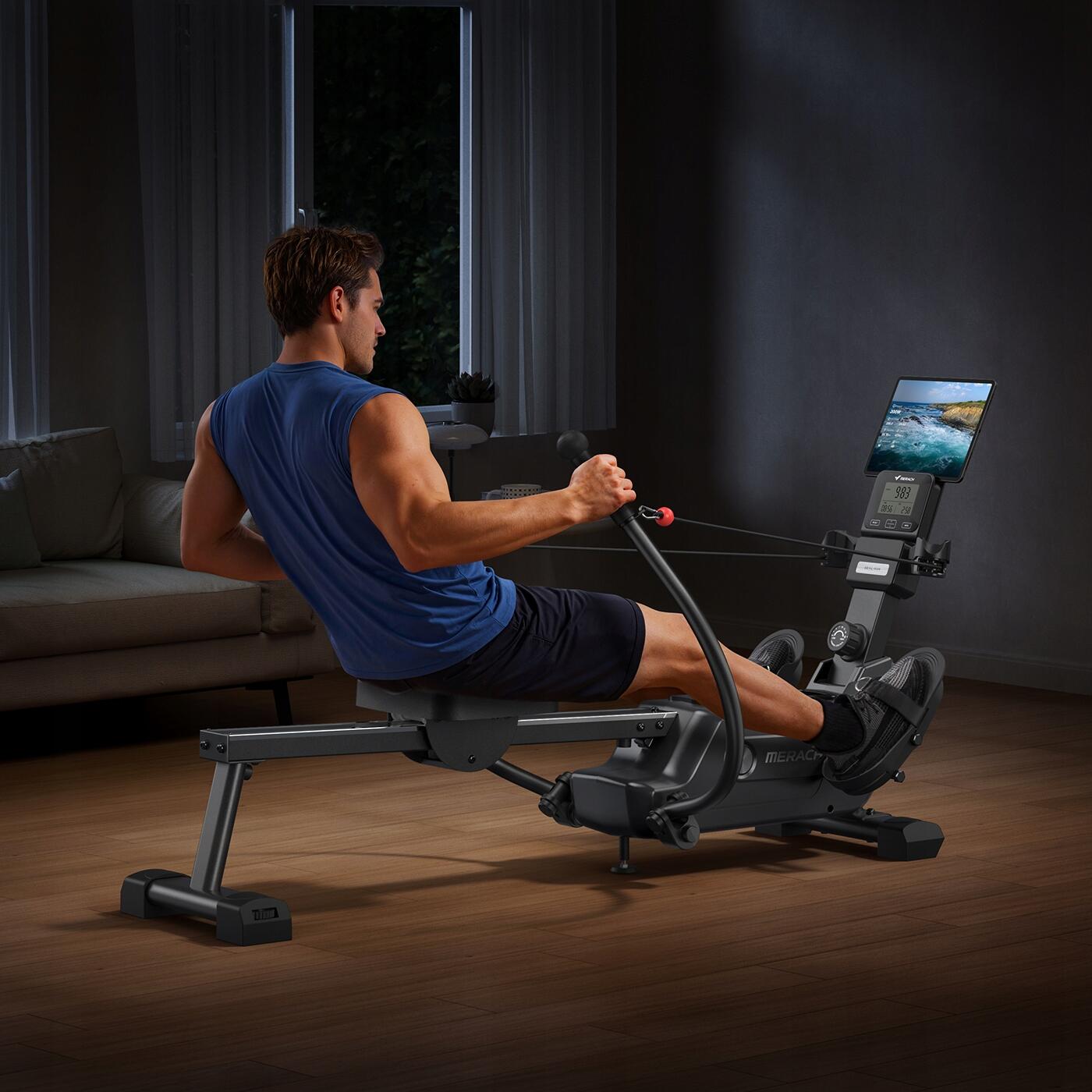 Rameur magnétique pliable 16 niveaux Bluetooth, LCD, porte-tablette 6/7
