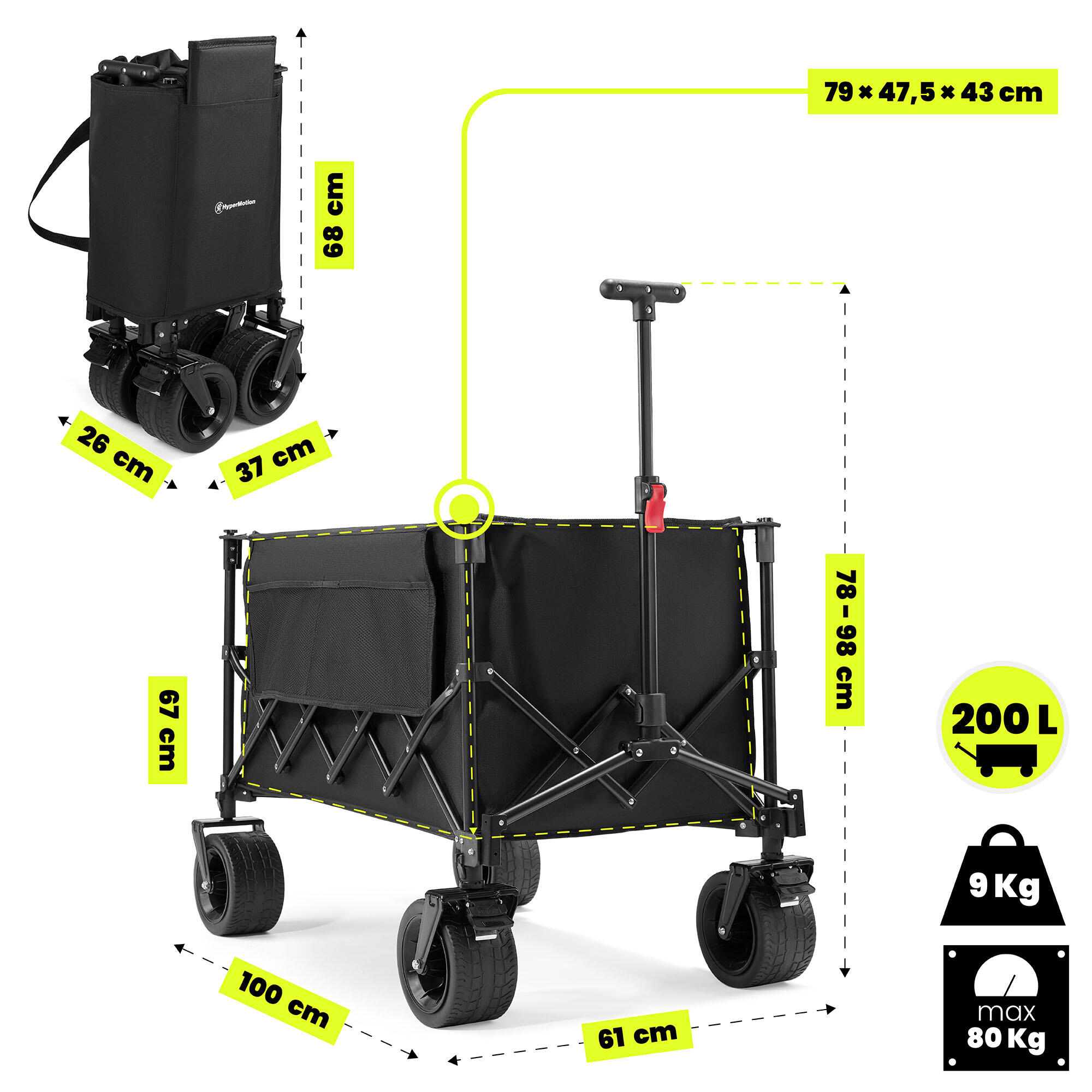 Opvouwbare Transportkar Bolderkar Strandkar Tuinwagen Camping XL 200L Max 80kg 3/7