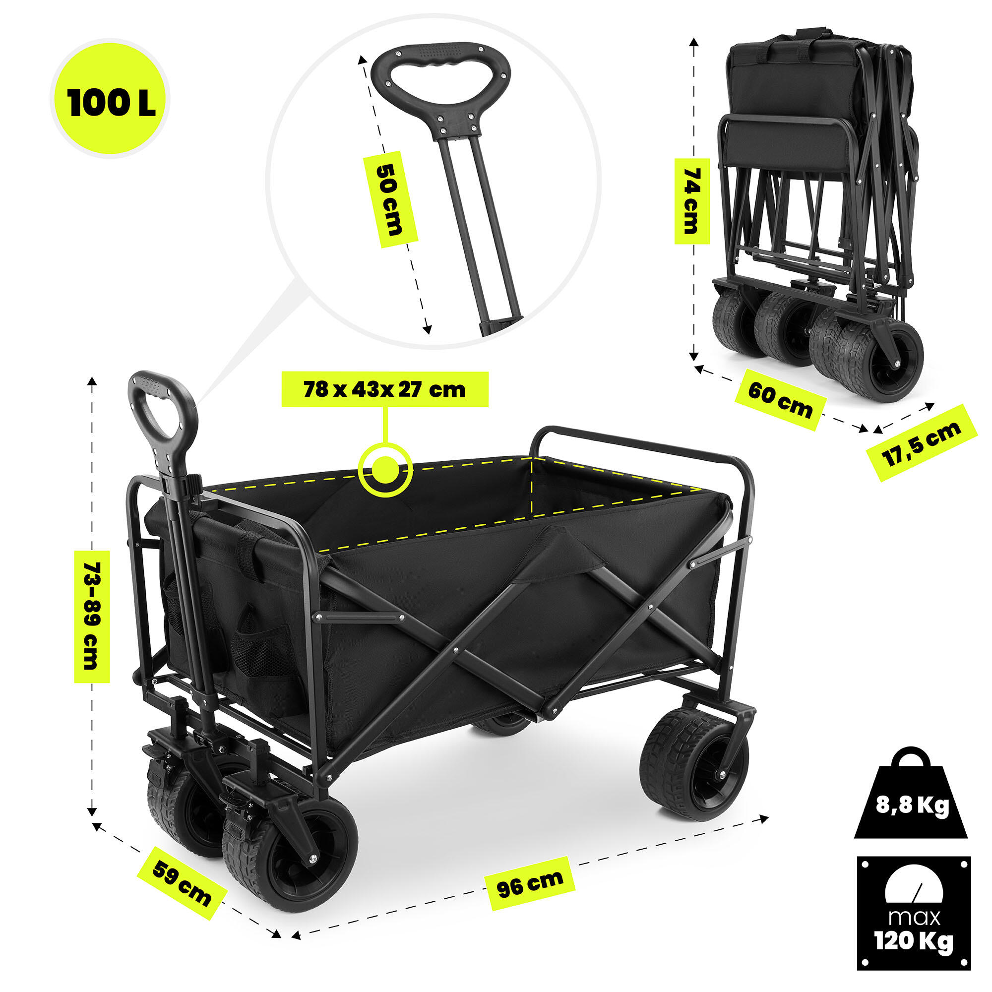 Opvouwbare Transportkar Bolderkar Strandkar Tuinwagen Camping 100L Max 120kg 3/7