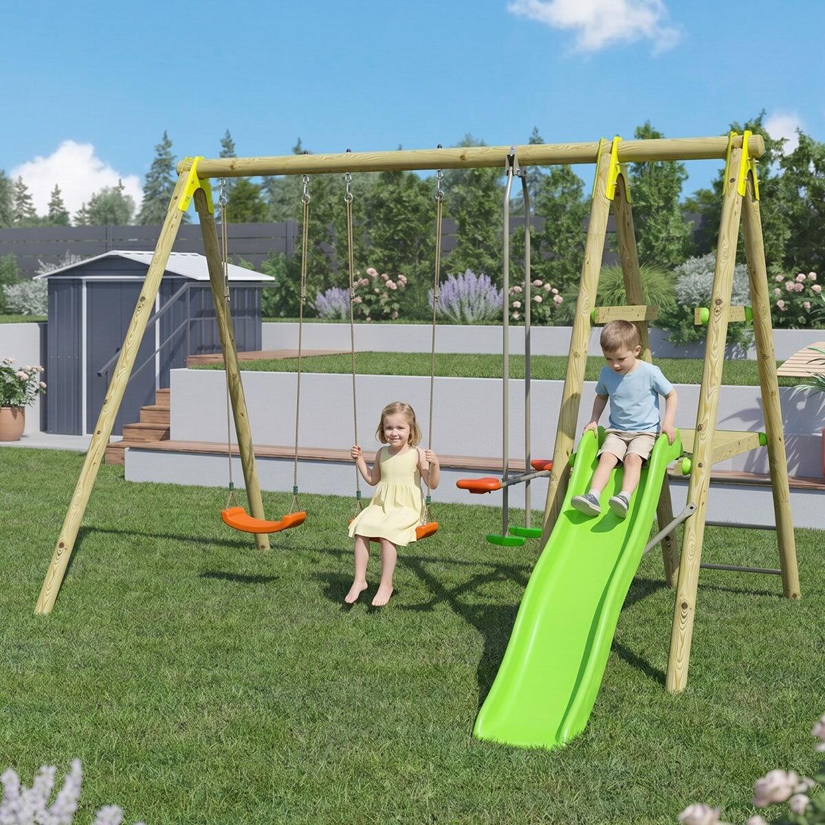 Portique bois avec 2 balançoires + 1 plateforme avec toboggan + 1 siège face à 2/7