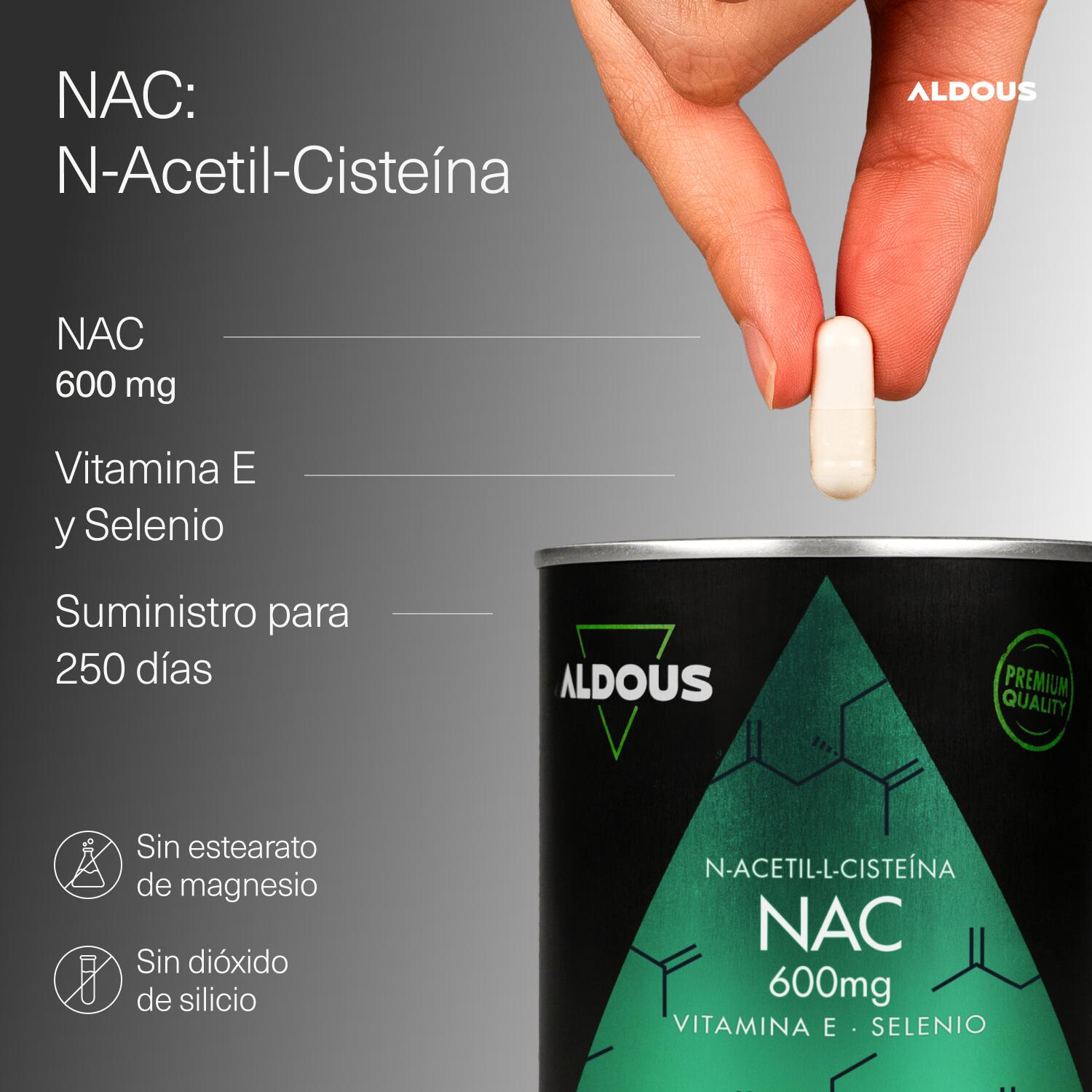 NAC N-acétyl-cystéine - 250 gélules - Antioxydant et glutathion - Aldous 2/5