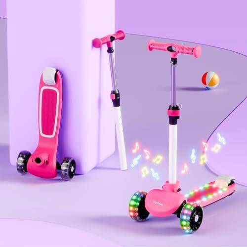 Lifelong Kids Scooter with PU LED Wheels, Music & Lights | 4-Level Height Adjustable| Tilt-to-Turn Steering| BIS Approved | Foldable Scooter for Boys & Girls | 2–8 Years | 50Kg Capacity (Pink & White) -  1