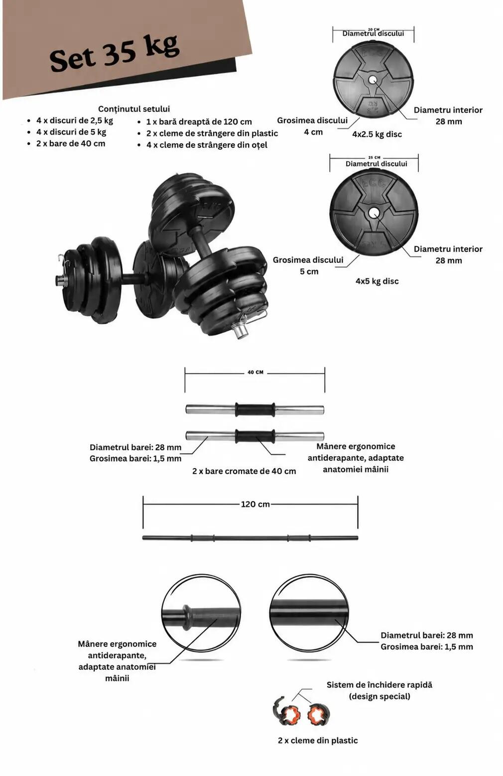 Set haltera, gantere reglabile de 30KG cu 2 bare 40cm, o bara 150 cm, negru 2/2