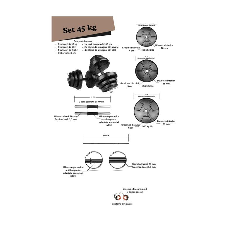 Set haltera si gantere reglabile de 40 KG cu 2 bare de 40cm , o bara de 150cm