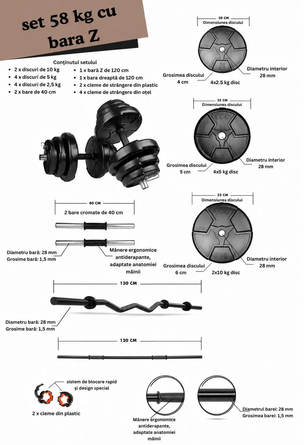 Set haltera, gantere reglabile de 50KG,2 bare de 40cm,bara Z, o bara 150cm,negru 2/2