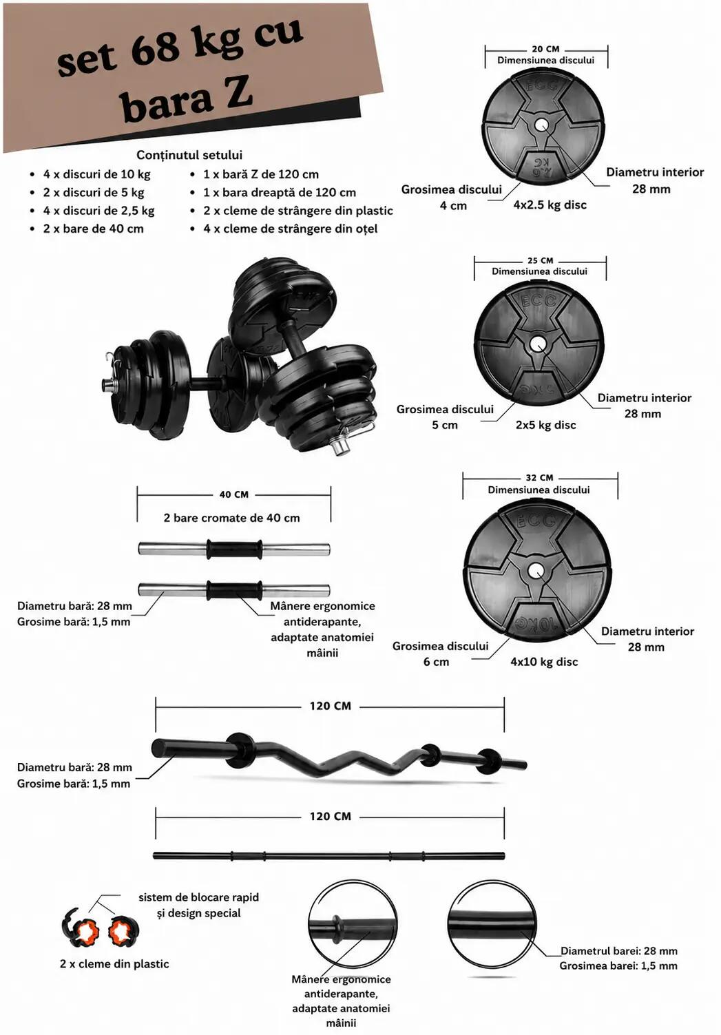 Set haltera, gantere reglabile de 60KG, 2 bare 40cm, bara Z, bara dreapta, negru 2/2