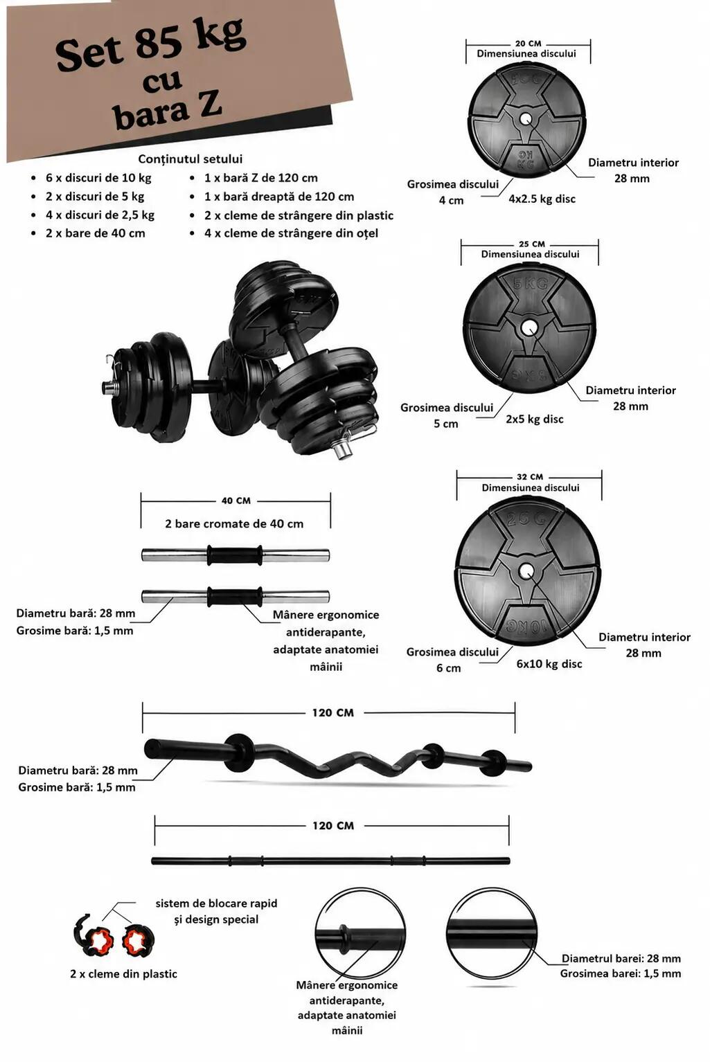Set haltere gantere reglabile de 85 KG, 2 bare de 40 cm, o bara de 150 cm 2/2