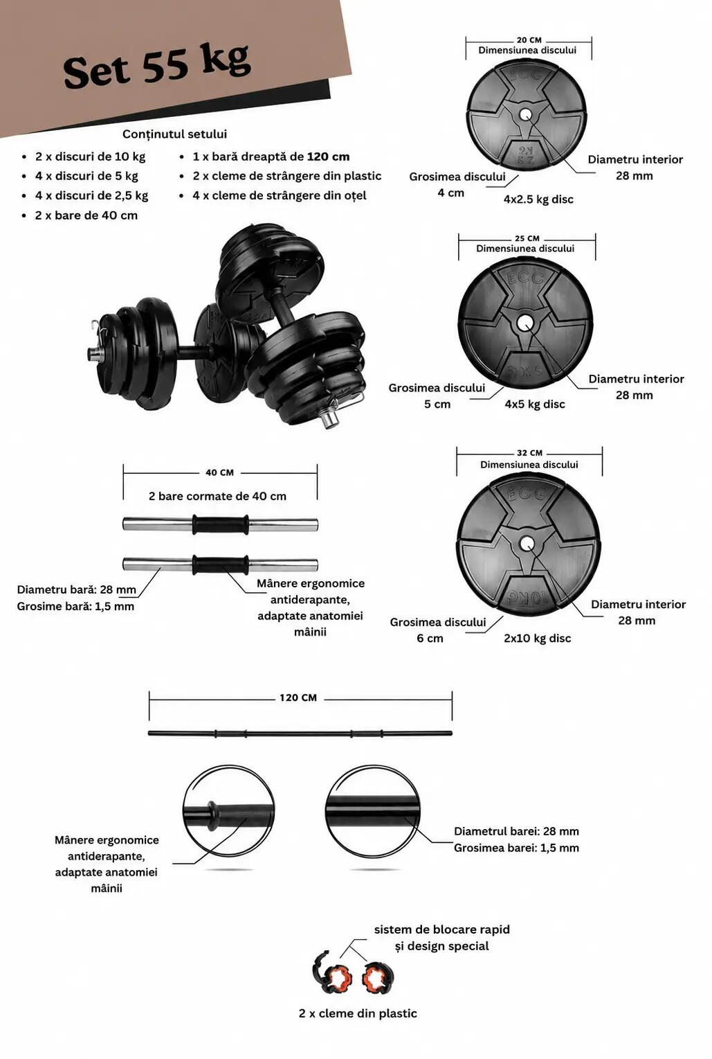 Set haltera si gantere reglabile de 50 KG cu 2bare de 40cm,bara de 150 cm,negru 2/2