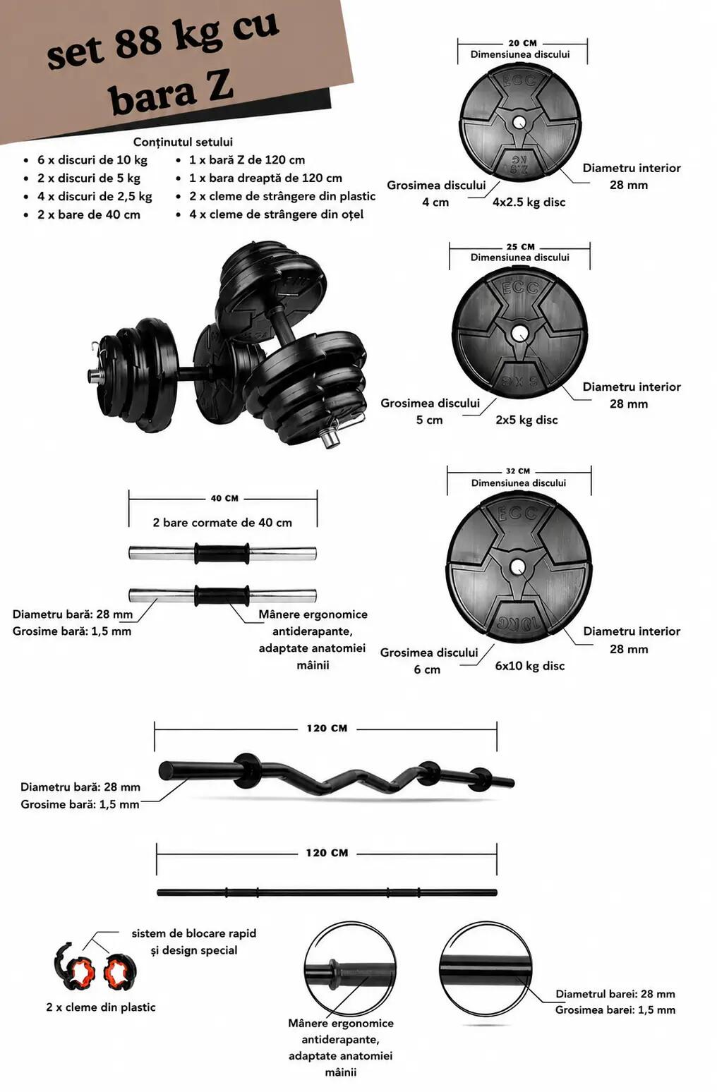 Set haltera si gantere reglabile de 80 KG, 2 bare 40cm,bara Z,bara dreapta,negru 2/2