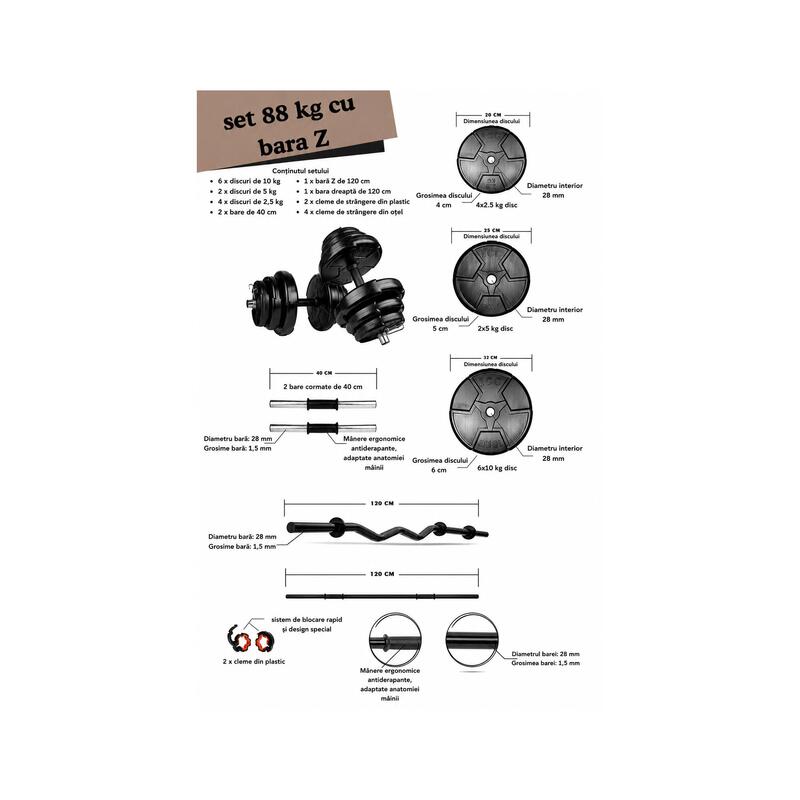 Set haltera si gantere reglabile de 80 KG, 2 bare 40cm,bara Z,bara dreapta,negru