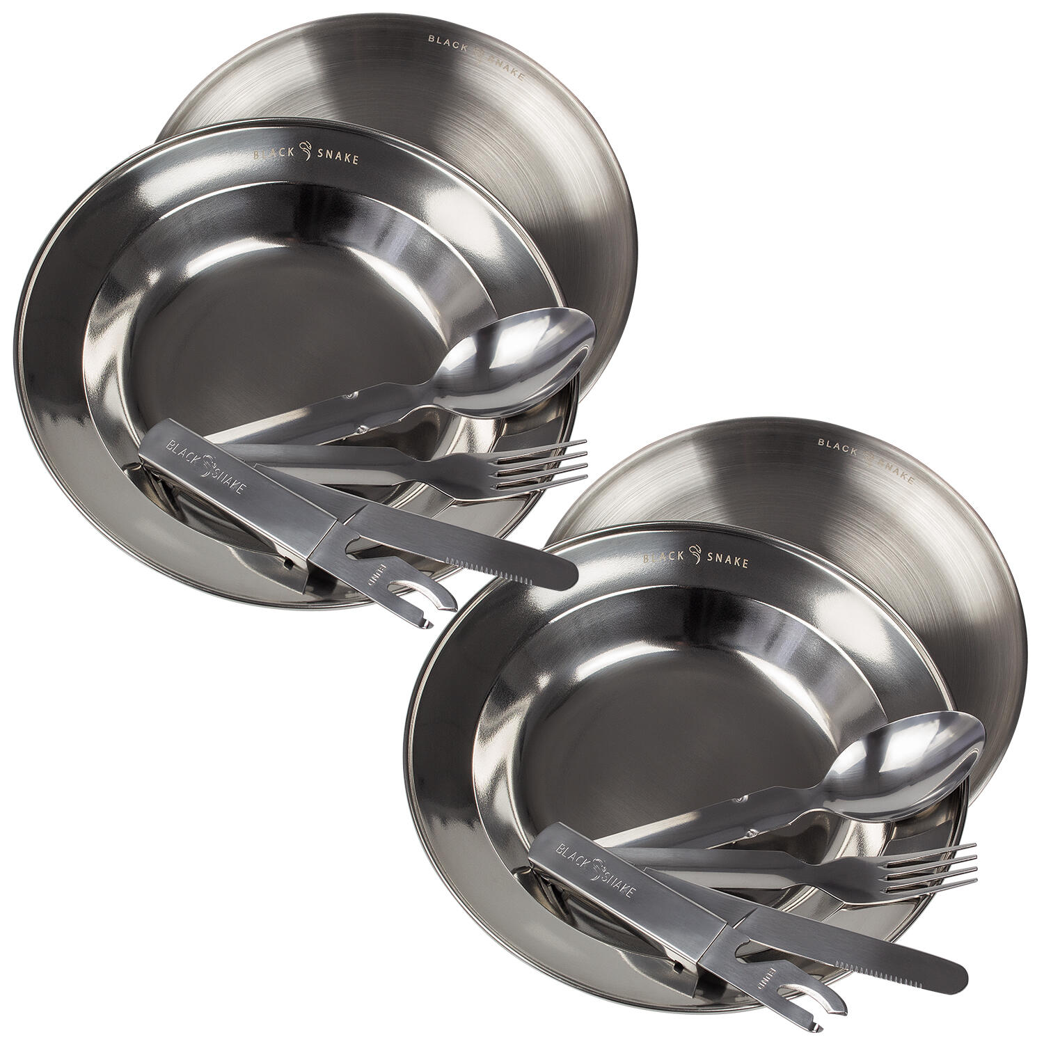 Edelstahl Teller flach & tief mit Campingbesteck für Outdoor - 2 Personen Set 3/7