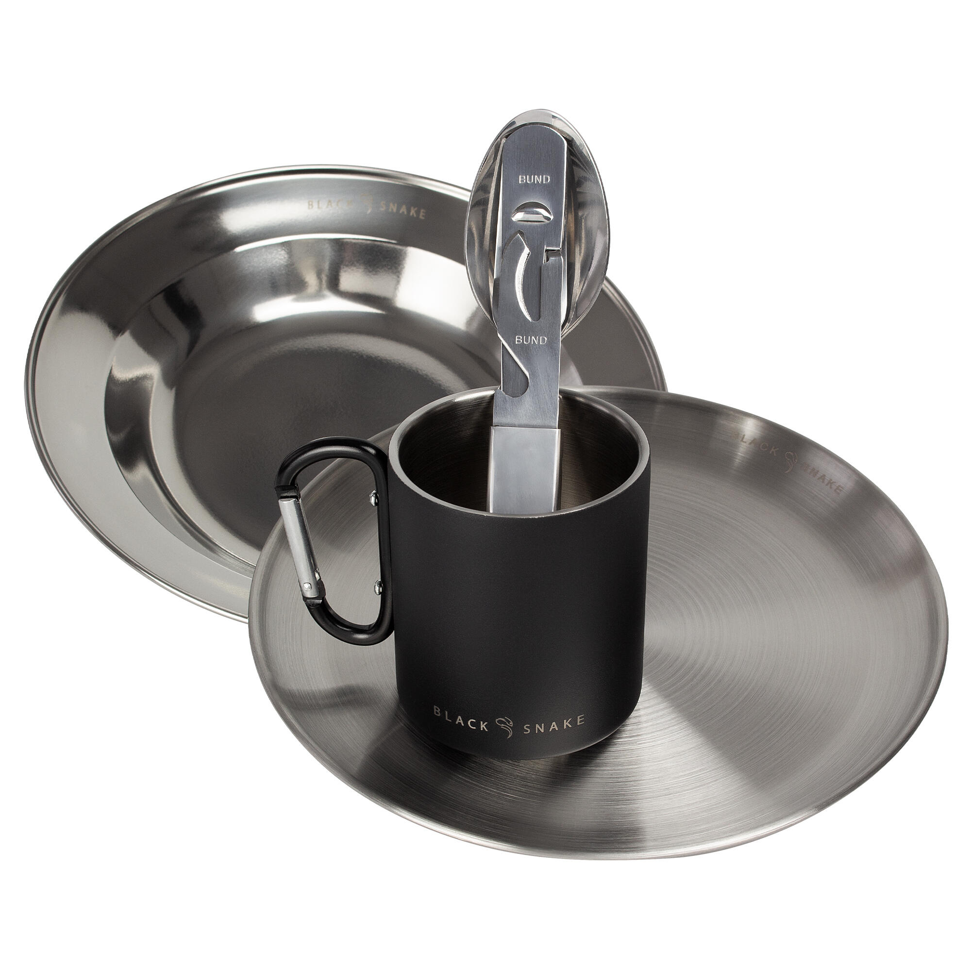 Black Snake Edelstahl Teller flach & tief Besteck Karabiner-Tasse - 1 Person Set 2/7