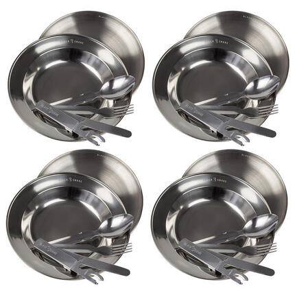 Edelstahl Teller flach & tief mit Campingbesteck für Outdoor - 3 Personen Set
