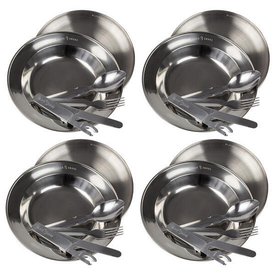 Edelstahl Teller flach & tief mit Campingbesteck für Outdoor - 3 Personen Set