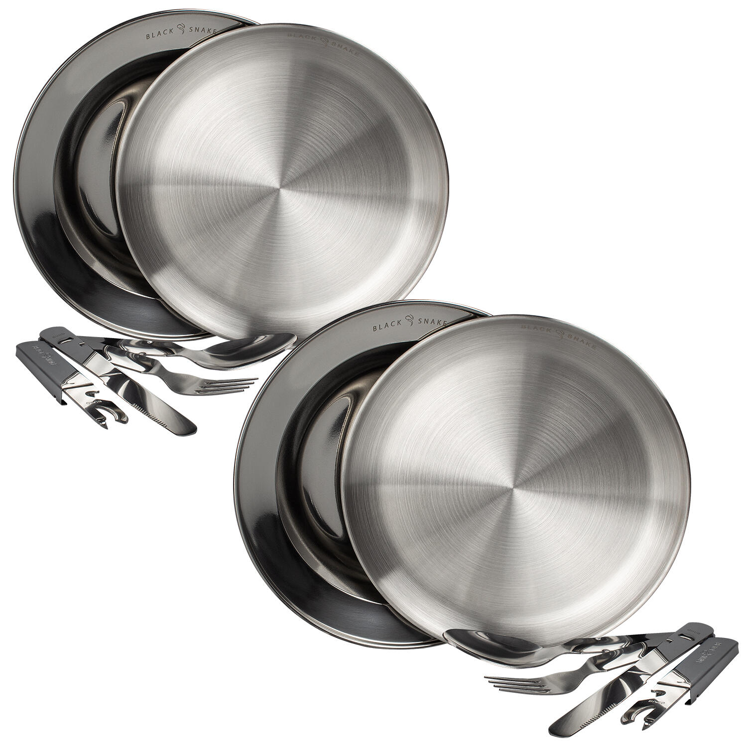 Edelstahl Teller flach & tief mit Campingbesteck für Outdoor - 2 Personen Set 2/7