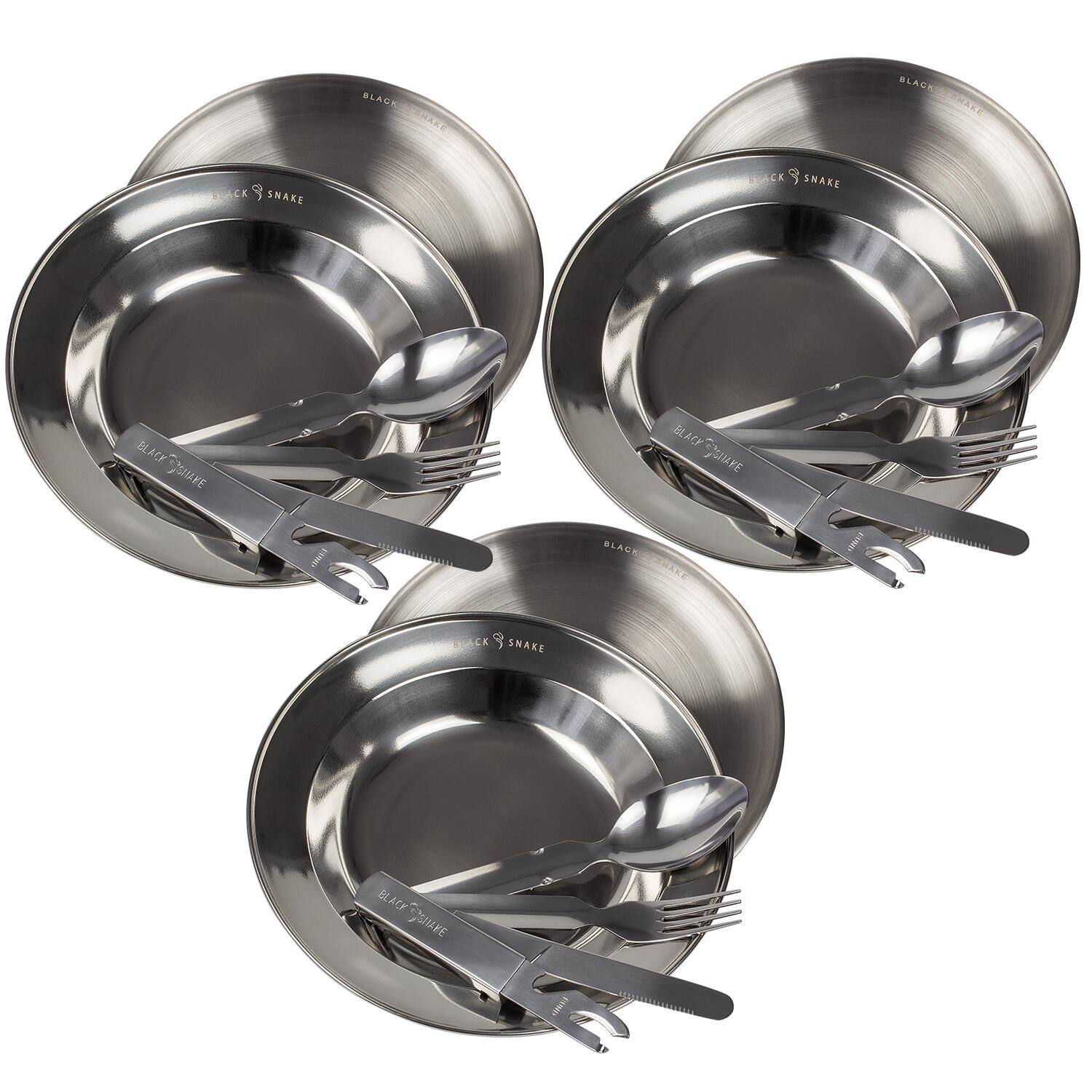 Set posate da campeggio e piatto piano & profondo | Acciaio inox | 3 persone 4/7