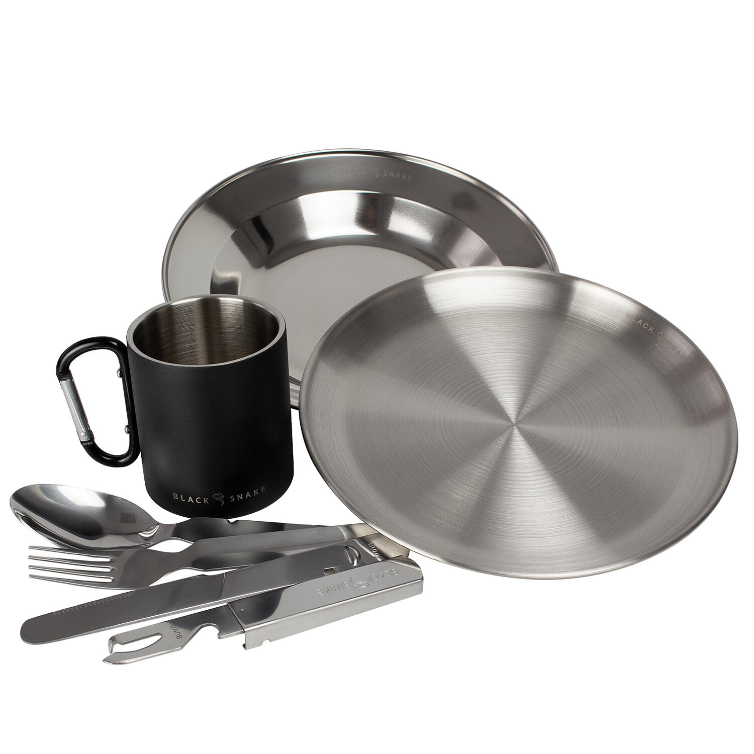 Black Snake Edelstahl Teller flach & tief Besteck Karabiner-Tasse - 1 Person Set 4/7
