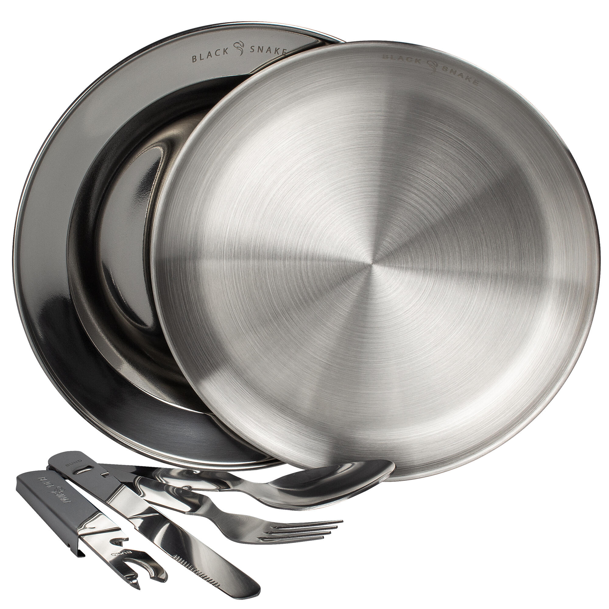 Edelstahl Teller flach & tief mit Campingbesteck für Outdoor - 1 Personen Set 2/7