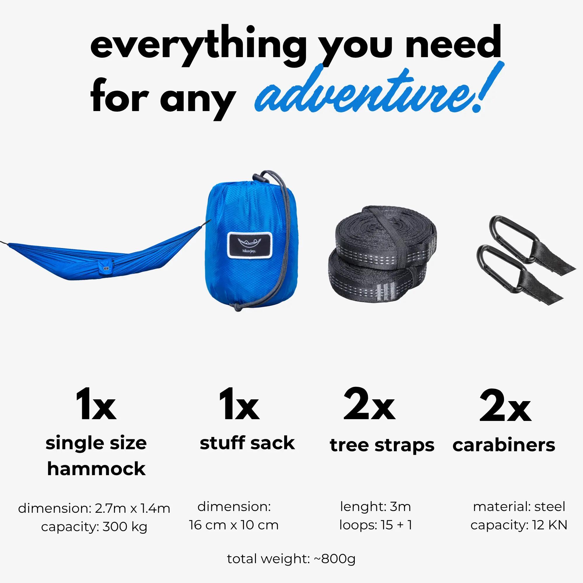 Hamac hikerjoy PRO, material ripstop, 270x150 cm, curele prindere, albastru 3/7