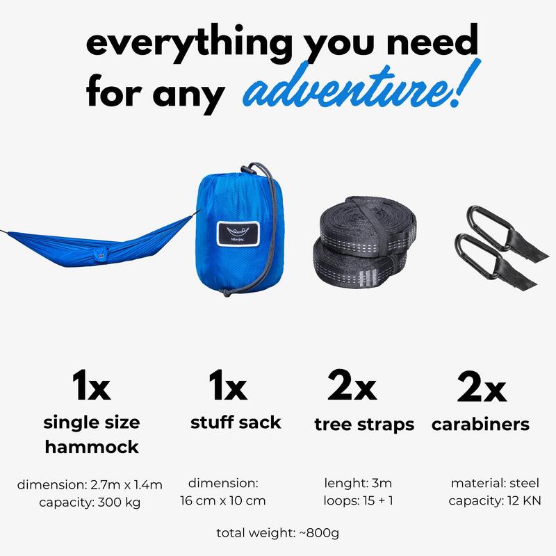 Hamac hikerjoy PRO, material ripstop, 270x150 cm, curele prindere, albastru