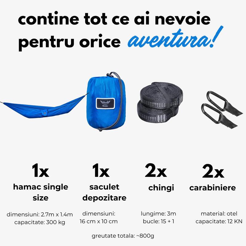 Hamac hikerjoy PRO, material ripstop, 270x150 cm, curele prindere, albastru