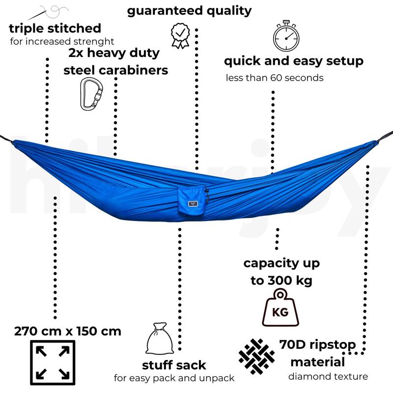 Hamac hikerjoy PRO, material ripstop, 270x150 cm, curele prindere, albastru
