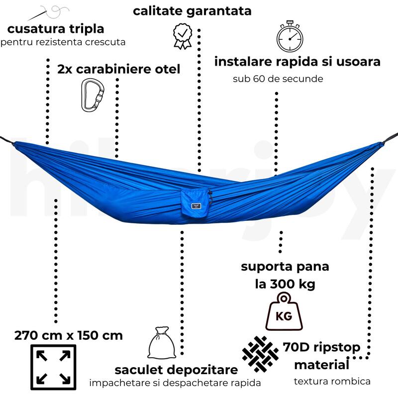 Hamac hikerjoy PRO, material ripstop, 270x150 cm, curele prindere, albastru