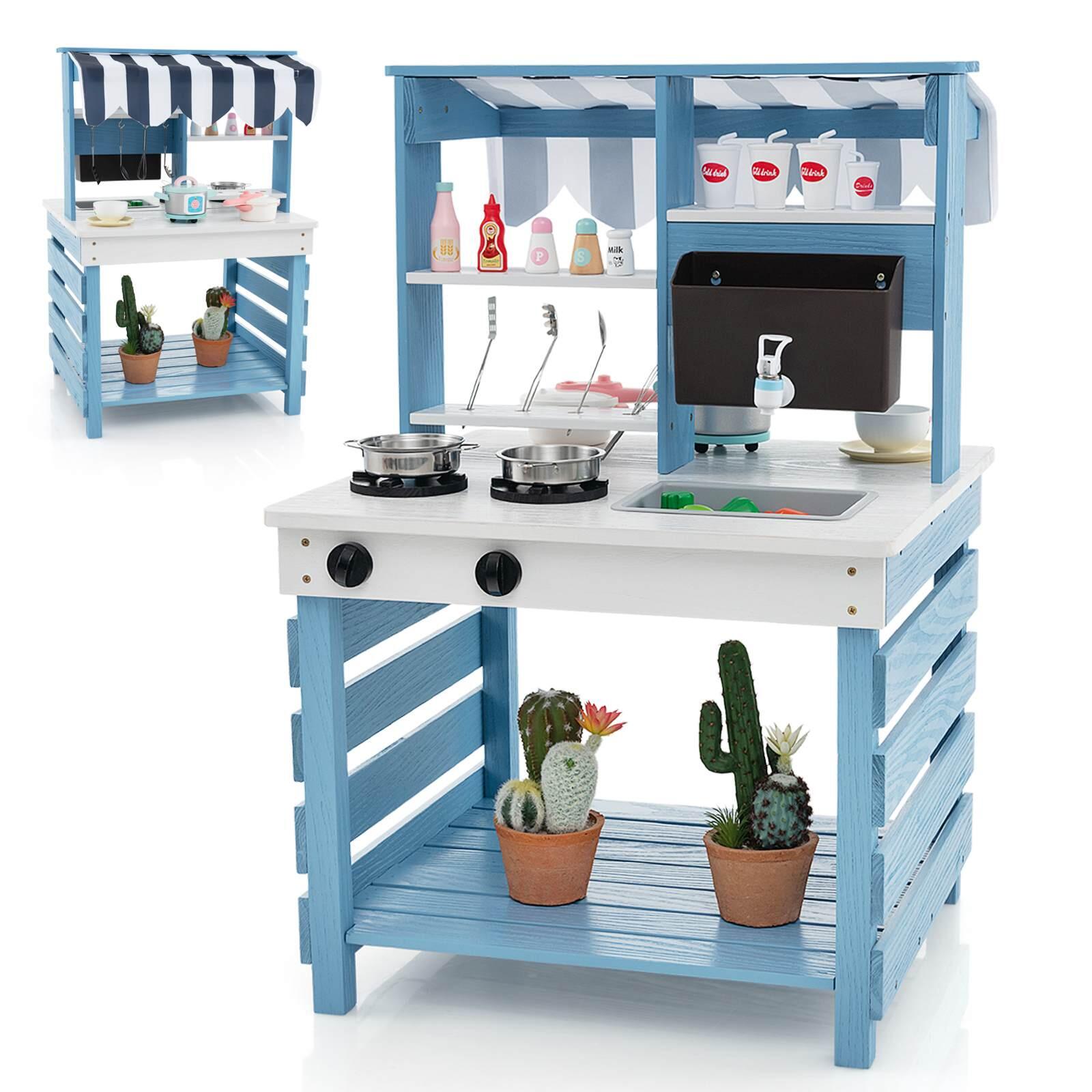 2-in-1 Wooden Mud Kitchen Playset w/Canopy