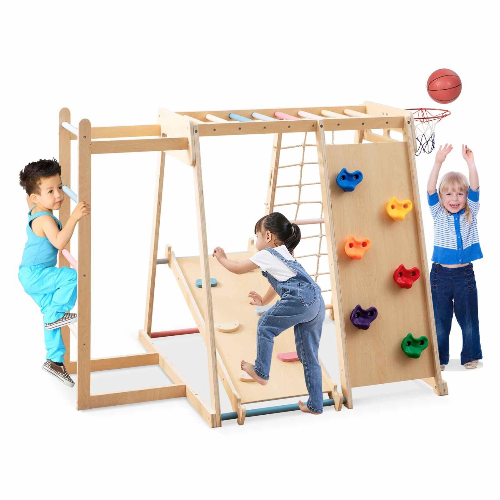 6-in-1 Wooden Jungle Gym w/Swing Slide & Hoop