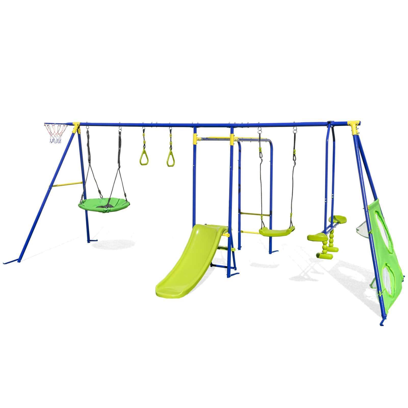 8-in-1 Outdoor Swing Set w/Slide Glider & Gym Rings 300kg