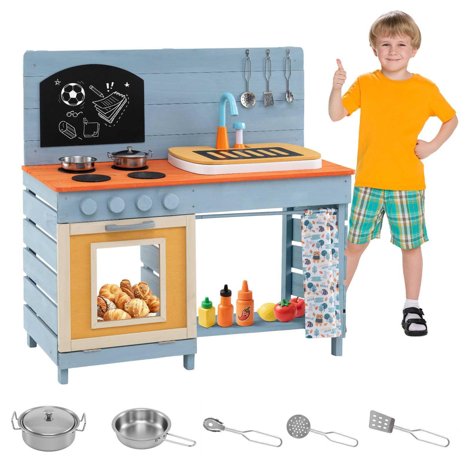 Wood Mud Kitchen Playset w/Blackboard & Shelves Blue