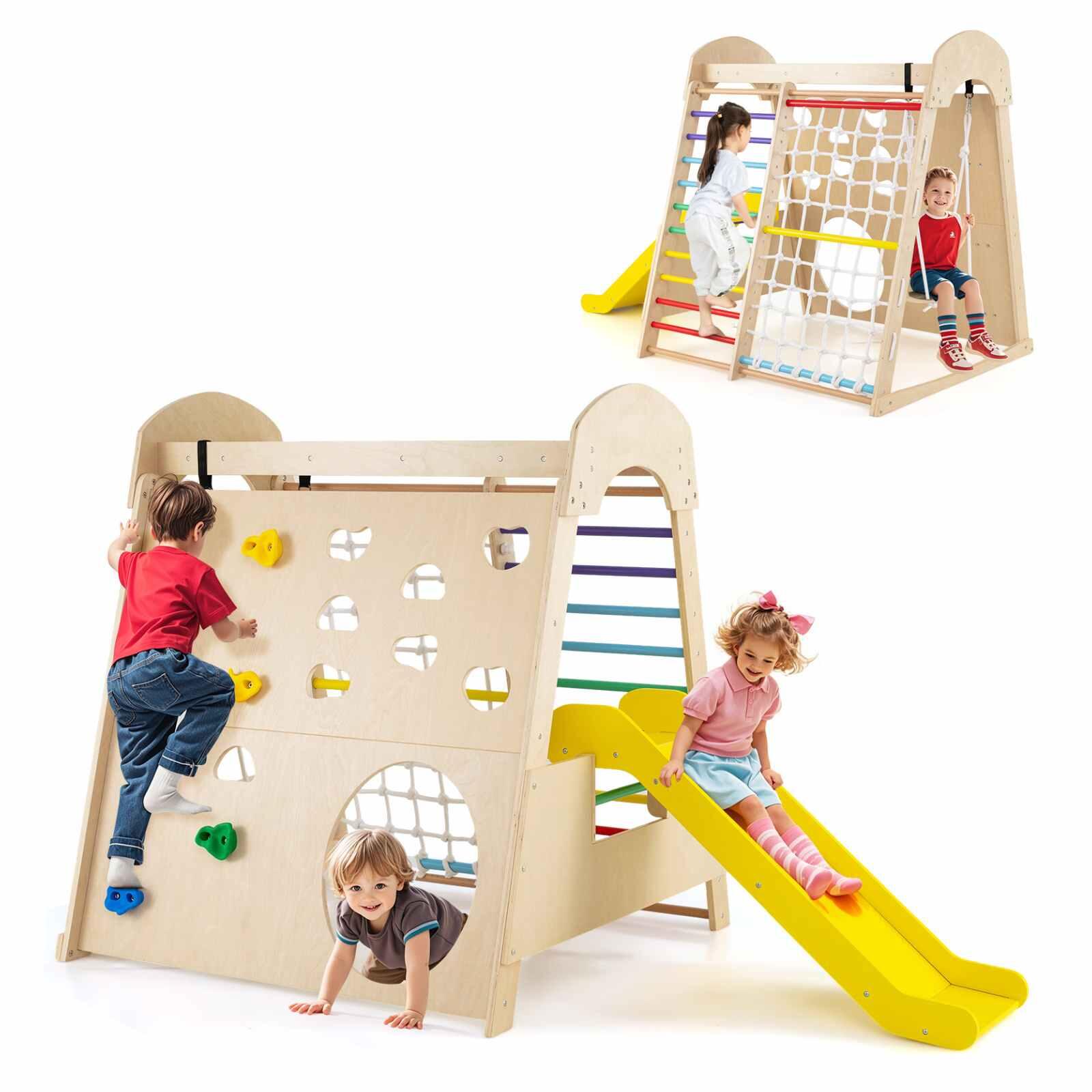 Climb Playset 8-in-1 Indoor Wooden Climbing Wall Net Ladder 210x118x136