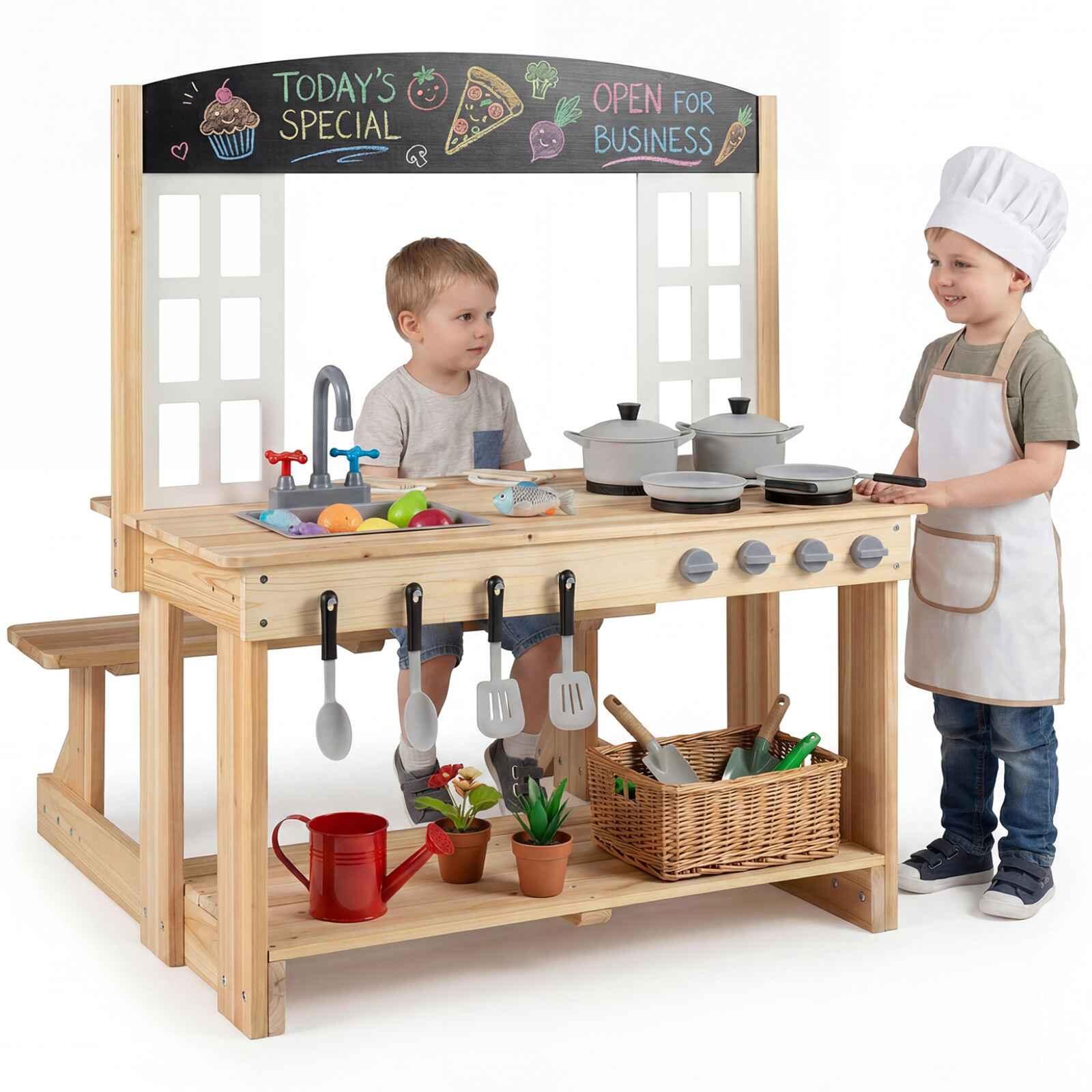 Outdoor Mud Kitchen Playset w/Bench Sink & Chalkboard