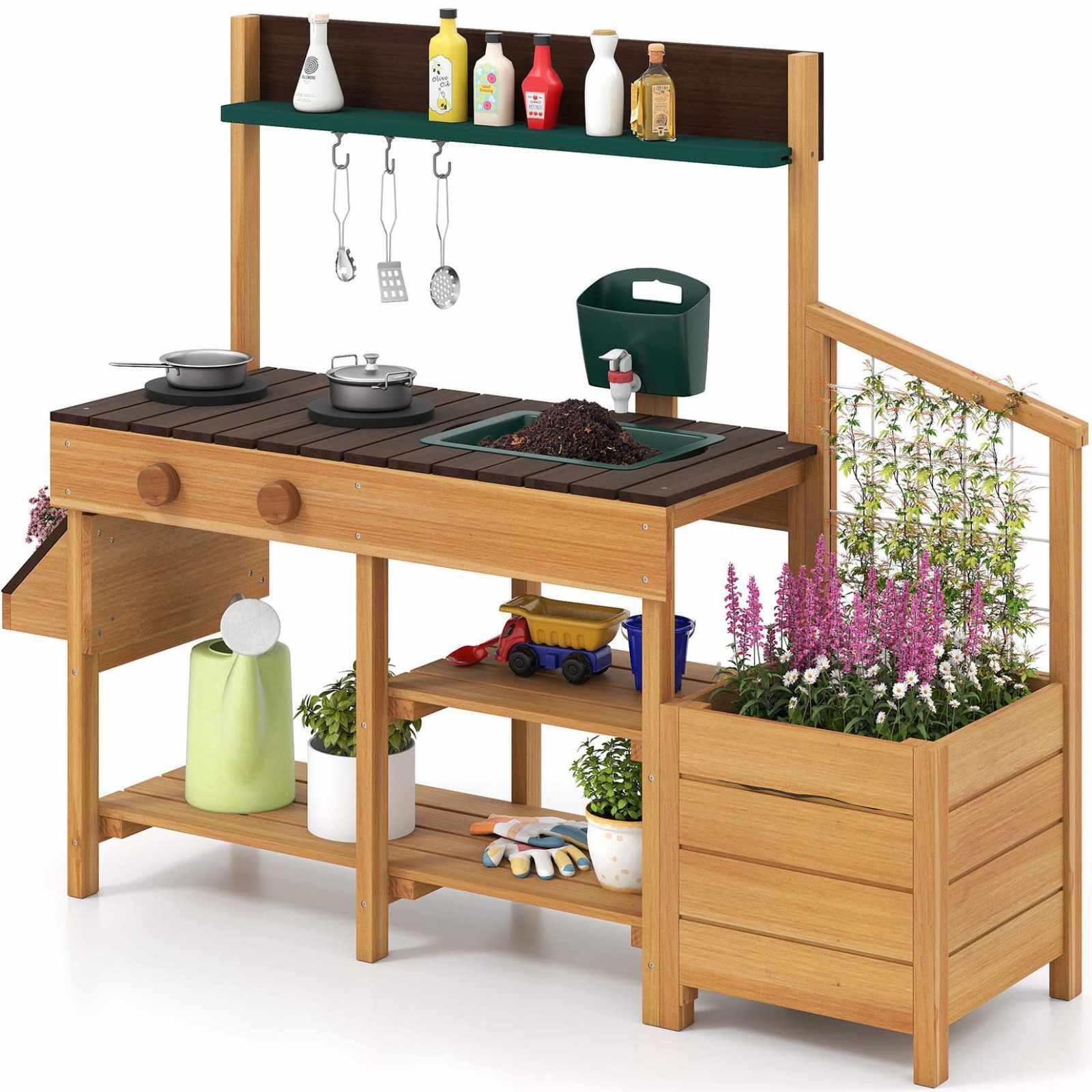 Wood Mud Kitchen Playset w/Planter Box & Sink Brown