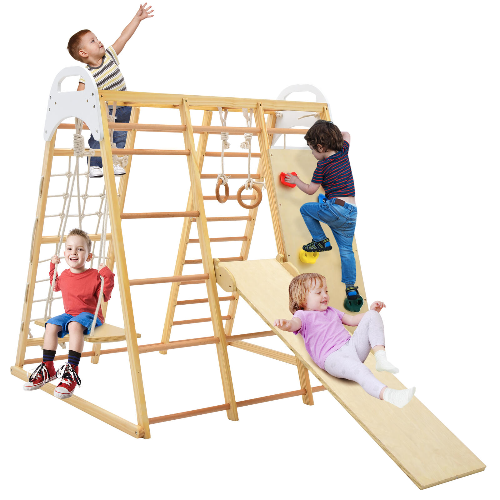 8-in-1 Wooden Climbing Frame w/Swing & Slide Natural