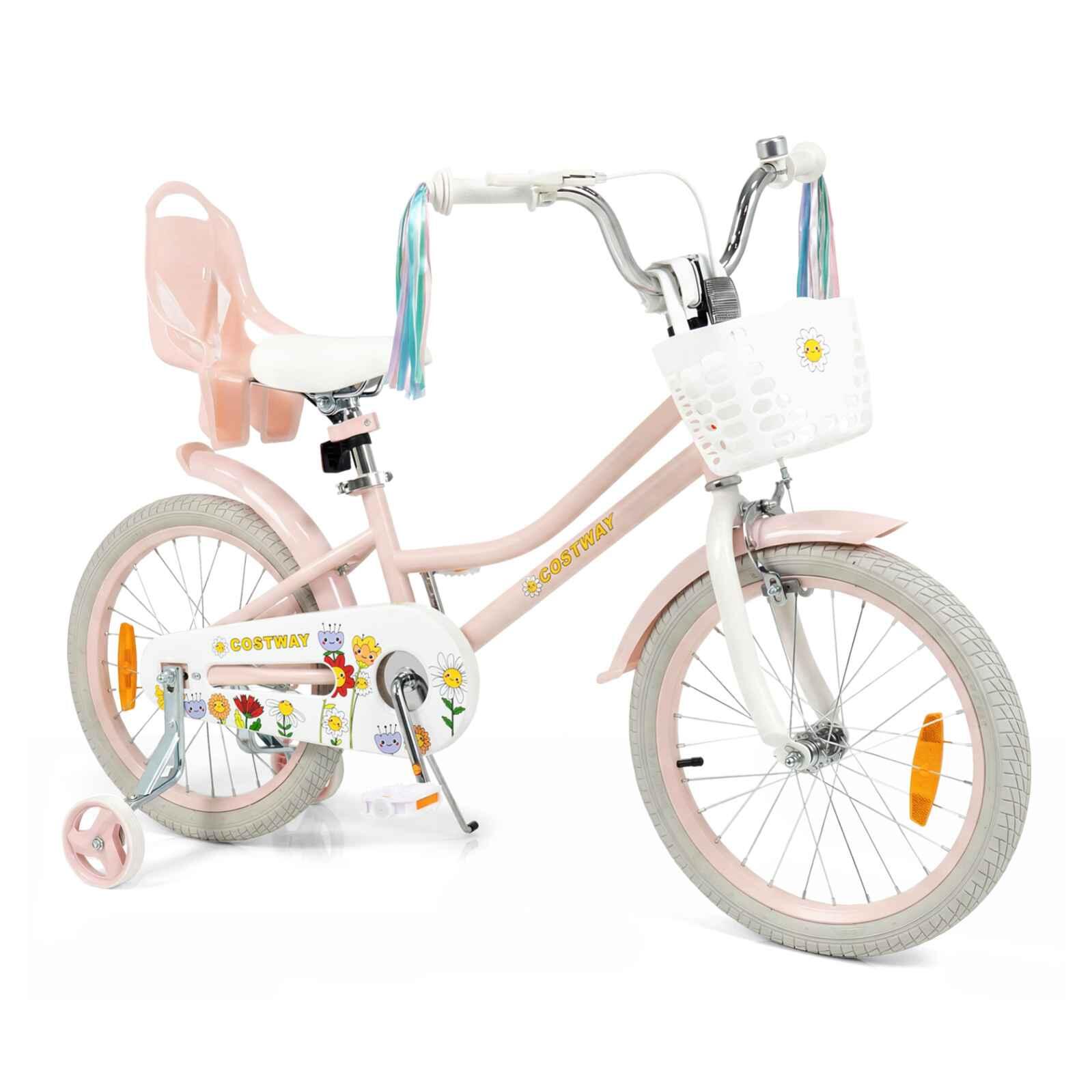 45cm Girls Bike w/Training Wheels Doll Seat & Basket Pink
